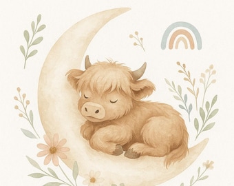Dream Big Little One - Highland Kuh Kinderzimmer Wandkunst | Boho Babyzimmer Dekor | Aquarell Druck auf dem Bauernhof | Gender Neutral druckbare Poster