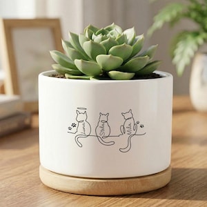 May include: A white ceramic planter with a succulent plant. The planter features a line drawing of three cats with the names "Luna", "Stella", and "Mila". The planter sits on a wooden base.
