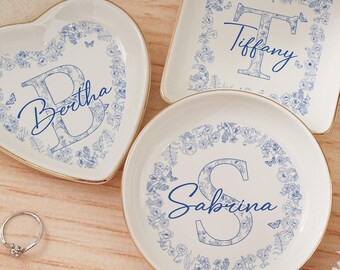 Personalization Initial Ring Trinket Dish,Blue Toile Ring Trinket Dish,Girly Jewelry Dish, Gift for Her, 2025 Christmas Gift for Women