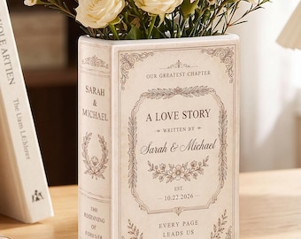 Jarrón de cerámica personalizado con forma de libro, jarrón personalizado para historia de amor de boda, regalo de boda para pareja, regalo vintage floral para despedida de soltera, regalo de aniversario