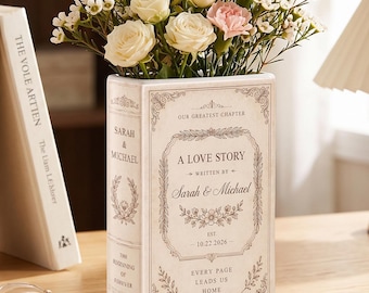 Personalized Ceramic Book Vase, Custom Wedding Love Story Vase, Wedding Gift for Couple, Vintage Floral Bridal Shower Gift, Book Lover Decor