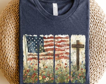 One Nation Under God Tee, Blessed Americans Shirt, Cross  Graphic Americans, Happy 4th Of July, USA Independence Day, American Flag Outfit