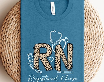 Leopard Print RN Shirt, Registered Nurse T-Shirt, Nursing School Gift, Nurse Appreciation Tee, Medical Stethoscope Top, Nurse Life Hoodie