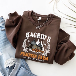 May include: A brown sweatshirt with the text "Hagrid's Pumpkin Farm" in white and orange, featuring a graphic of a building and pumpkins. The sweatshirt has long sleeves and a crew neck. A silver necklace is draped across the front.