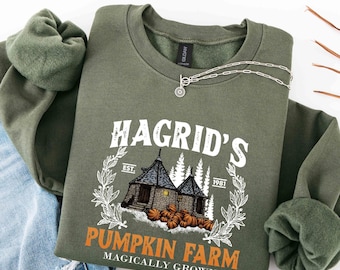 Sudadera con parche de calabaza de Hagrid, sudadera de otoño, camiseta de granja de calabazas de Hagrid, camiseta de Halloween, temporada espeluznante, sudadera de calabaza de Acción de Gracias