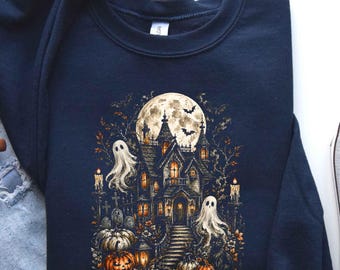 Sudadera con capucha de fantasma de casa embrujada de Halloween, sudadera de calabaza espeluznante, sudadera gótica de otoño, jersey de fantasma lindo, camiseta de Halloween de luna