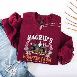 May include: A maroon sweatshirt with the text "Hagrid's Pumpkin Farm" in white, featuring a graphic of a house, trees, and pumpkins. A silver necklace is draped on the sweatshirt, which is next to a pair of blue jeans.