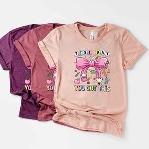 May include: Three t-shirts in shades of purple and pink. The front shirt is light pink with a graphic that says "TEST DAY" and "YOU GOT THIS" with a pink bow, pencil, and other school-themed illustrations.