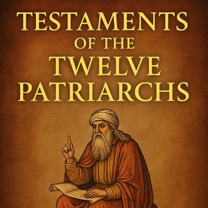 Peut inclure: Illustration d'un homme barbu et portant un turban, assis et lisant un rouleau. L'image est intitulée "Testaments des Douze Patriarches" avec le texte "Sagesse Ancienne et Prophéties" en dessous, le tout en lettres dorées sur fond marron.