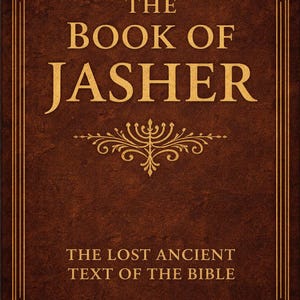 Può includere: Copertina di un libro con texture in pelle marrone e scritte dorate. Il titolo recita "THE BOOK OF JASHER" con il sottotitolo "THE LOST ANCIENT TEXT OF THE BIBLE". Accenti decorativi in filigrana dorata impreziosiscono il design.