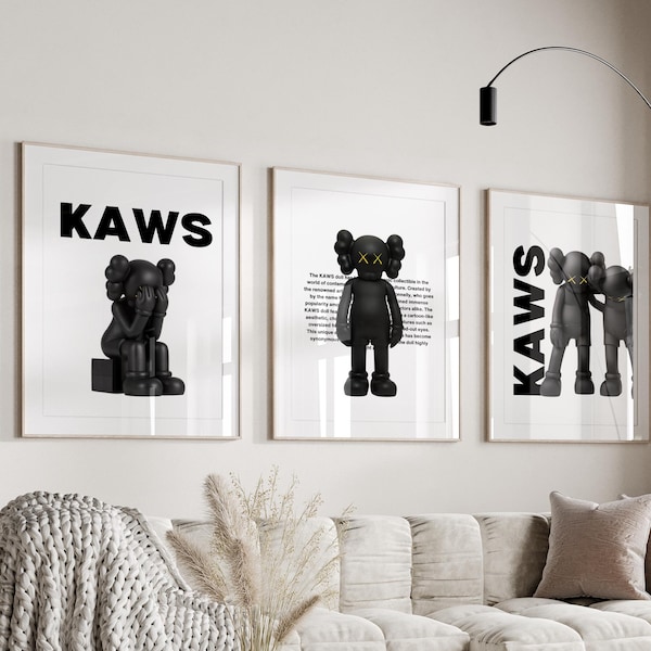 Kaws Poster Set of 3, Black Kaws Prints, Hypebeast Kaws Prints, Digital Download, Kaws Poster Prints, Kaws Figure Printable Wall Ar