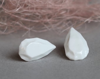 Porcelain earrings "White Diamond". Geometric White porcelain studs.