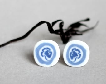 Blue Porcelain post earrings “Hepatica”, Blue ceramics, Flower stud earrings, gift for her, Nerikomi flower, White Porcelain Flower Studs