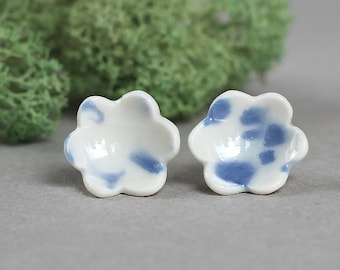 Handmade Delicate Porcelain Flower Stud Earrings with blue dots “Violet II”. Bell flower post earrings.