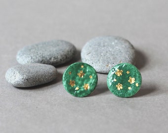 Porcelain studs "Golden Spring". Handmade porcelain painted post earrings with gold. Gift for her. Porcelain Earrings with a Touch of Green.