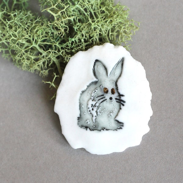 Porcelain brooch "Rabbit. Spirit animal". Totem rabbit. Handmaid white porcelain pin. Chinese astrology sign rabbit. Whimsical Charm.