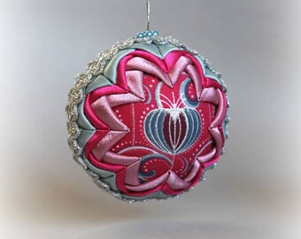 Pink Quilted Star and Heart Ornament Ball. Handcrafted fabric ball.