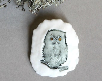 Porcelain brooch "Totem. Owl." Unique handmade piece of porcelain jewelry. Gift for a teacher. Porcelain Brooch Featuring a Wise Owl.