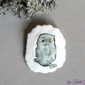 Porcelain brooch Totem. Owl. Unique handmade piece of porcelain jewelry. Gift for a teacher. Porcelain Brooch Featuring a Wise Owl. image 1