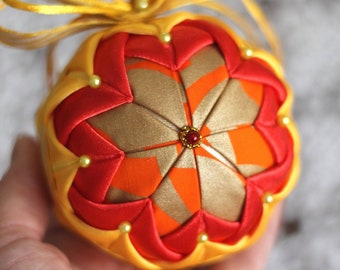 Handmade Quilted Ball with Golden Star ornament. Fabric ball as Home decor gift.