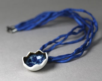 Porcelain handmade pendant Necklace "Blue Depth" with silk cord. Free shipping.