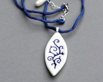 Porcelain handmade pendant Necklace "Ornamental". Blue pattern White Porcelain pendant necklace. Free shipping.