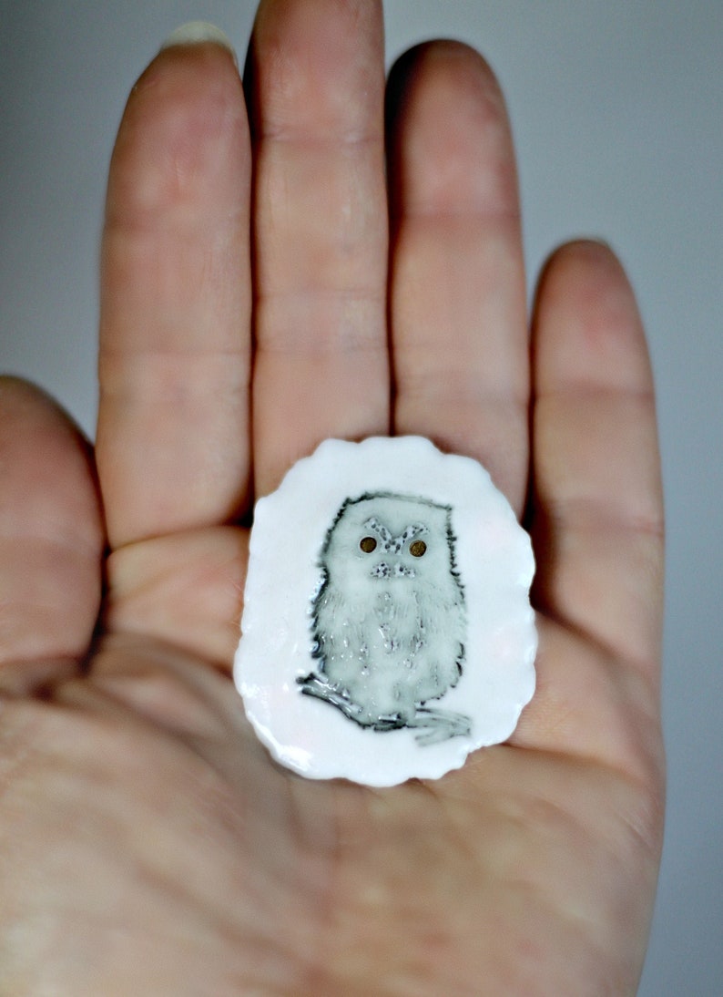 Porcelain brooch Totem. Owl. Unique handmade piece of porcelain jewelry. Gift for a teacher. Porcelain Brooch Featuring a Wise Owl. image 8