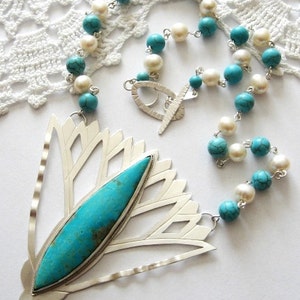 Artisan sterling silver Necklace with Turquoise and Pearls &quot;Lotus&quot;. Spiritual Blue Flower Necklace with unique stone.