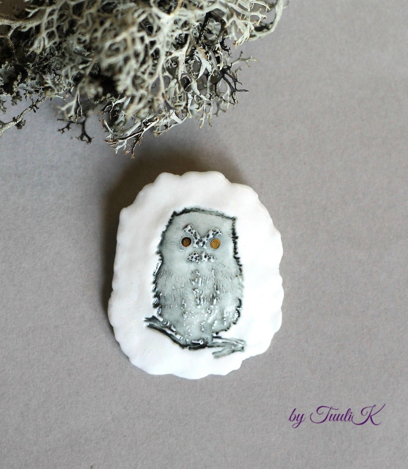 Porcelain brooch Totem. Owl. Unique handmade piece of porcelain jewelry. Gift for a teacher. Porcelain Brooch Featuring a Wise Owl. image 1