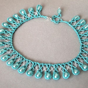 Beadwoven necklace BlueDreamDrops. Handmade Delicate blue Turquoise collar. Free shipping. image 4