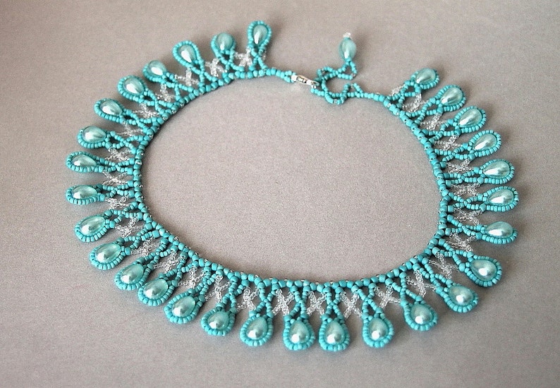 Beadwoven necklace BlueDreamDrops. Handmade Delicate blue Turquoise collar. Free shipping. image 4