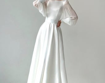 Satin Chiffon A-Line Wedding Dress | Modest Bridal Gown