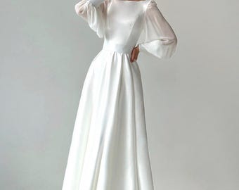 Satin Chiffon A-Line Wedding Dress | Long Sleeves, Modest Bridal Gown