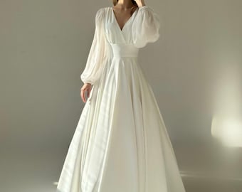 Satin Chiffon A-Line Wedding Dress | Long Sleeves, Romantic Bridal Gown