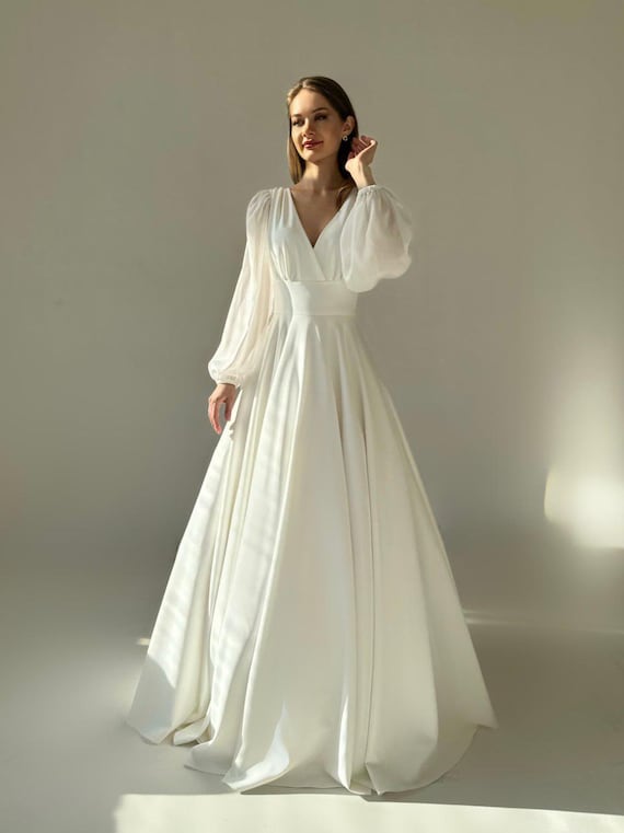 chiffon satin wedding dress Satin Chiffon A-Line Wedding Dress