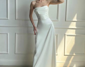 Satin Mikado Wedding Dress, Strapless Minimalist Bridal Gown, Custom Made