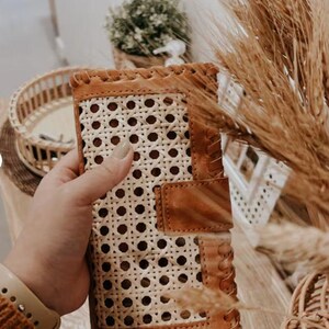 Handmade Rattan Leather Wallet – Boho Long Clutch with Woven Cane Design – Rustic Natural Purse for Women – Unique Artisan Gift