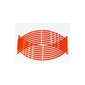 May include: Orange motorcycle wheel rim stickers arranged in an oval pattern on a white background. The stickers are made of thin, curved lines that intersect to create a woven effect. The words "hand made" are in the upper left corner.