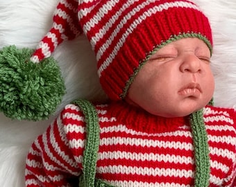 Christmas Knitting Patterns. Unisex Baby Xmas Romper Set for newborn or reborn dolls. PDF download by Precious Newborn Knits