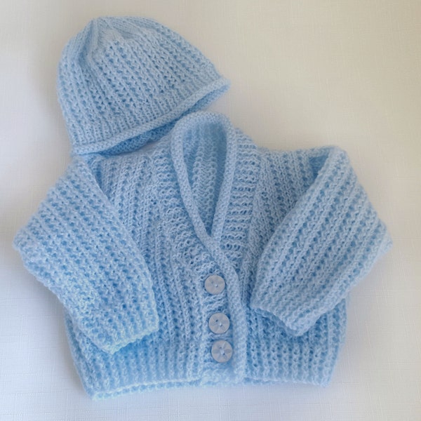 Baby Knitted Sweater Set - Handmade Boys Cardigan and Hat - Newborn - Ready to Ship - Knitted Cardigan & Hat - Baby Gift - 4ply Yarn -