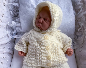 Hand Knit Baby Set. Cream cardigan, bonnet, leggings. Tiny Baby Knitwear, Newborn Baby Gift. Premature Baby Outfit 5lbs (2.2kg) Reborn Dolls