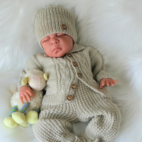 Baby Boys Knitting Pattern, pdf download for newborn baby homecoming outfit, boys cardigan set for baby or reborn dolls knitting pattern