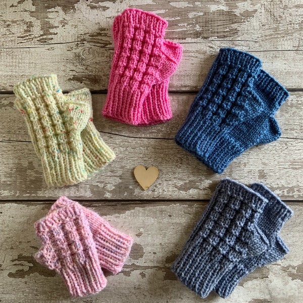 Kids Fingerless Gloves. Hand Knit Mittens. Childrens Knitted Handwarmers. Toddlers Wool Mitts. Warm Winter Gloves. Pre-School Gift Idea