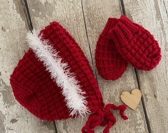 Hand Knitted Baby Bonnet & Mittens. Red Baby Hat. Baby Girls Christmas Hat Set. Red Tie Strap Baby Bonnet. Precious Newborn Knits