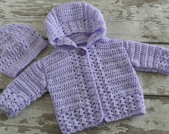 6-12 Months. Baby Girls Cardigan. Lilac Hooded Cardigan & Hat. Knitted Baby Clothes. Handmade Crochet Homecoming Baby Shower Gift