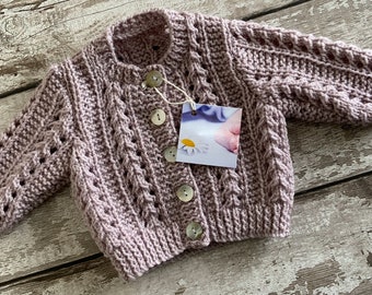 Hand Knit Baby Cardigan. 3-6 Months. Boys Girls Taupe/Mushroom Knitted Sweater. Newborn Baby Shower Gift. Gender Neutral Baby Knitwear