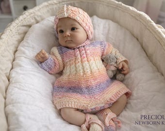 Baby Knitting Pattern, pdf download for newborn baby girls romper, headband & shoes set for baby or reborn dolls knitting pattern