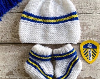 Leeds United Baby Hat & Booties. Hand Knit Baby Boots. Unisex Bootees. Football Boot Gift for LUFC Fans.  Newborn Keepsake. MOT