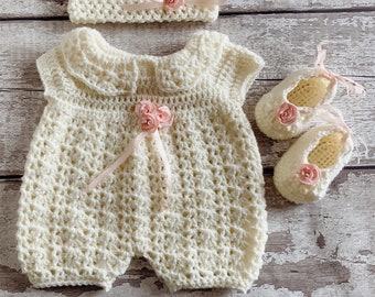 Crochet Romper Outfit for Baby Girl. Newborn Baby or Reborn Dolls Knitwear. Girls Clothing. Baby Shower Gift. Precious Newborn Knits.