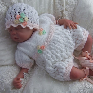 Baby Girls Knitting Pattern. Pdf download for newborn baby romper set. Baby Girls or Reborn Dolls Homecoming Outfit